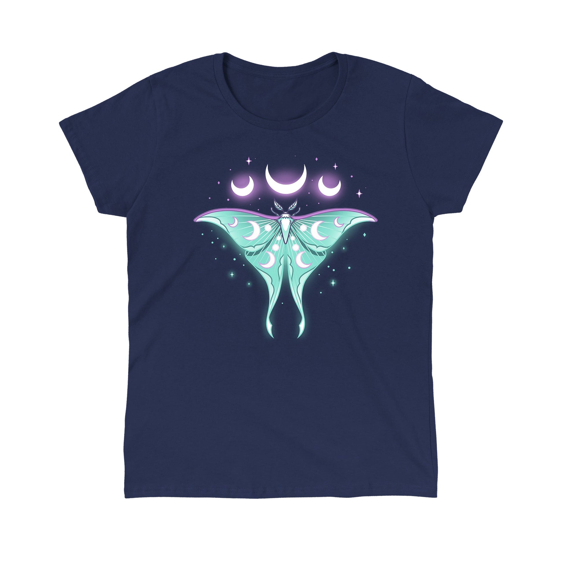 Classic Cotton T-shirt_TeeTurtle Ethereal Moth navy blue t-shirt featuring a celestial moth with moon phases on its wings, glowing against a dark background, surrounded by stars and crescent moons.