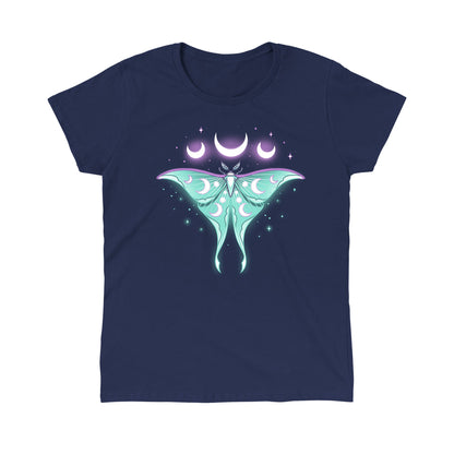 Classic Cotton T-shirt_TeeTurtle Ethereal Moth navy blue t-shirt featuring a celestial moth with moon phases on its wings, glowing against a dark background, surrounded by stars and crescent moons.