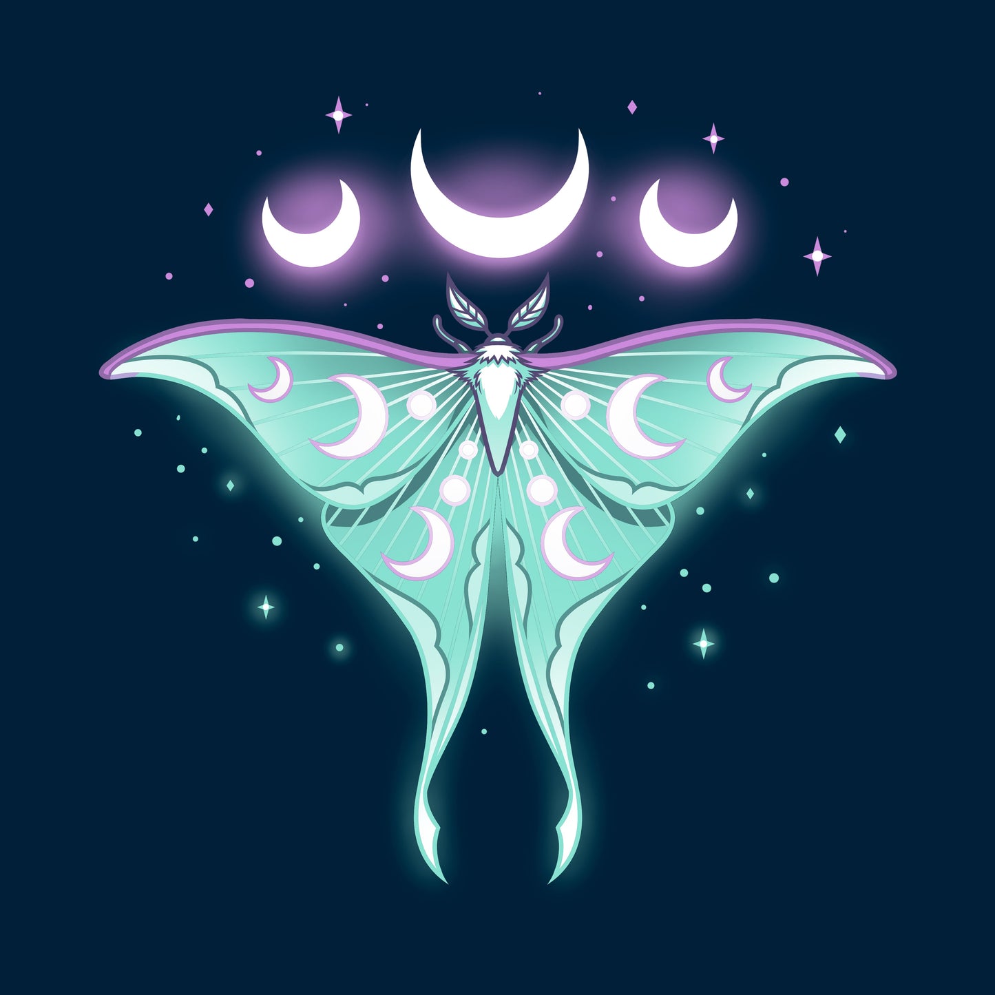 Classic Cotton T-shirt_TeeTurtle Ethereal Moth navy blue t-shirt featuring a celestial moth with moon phases on its wings, glowing against a dark background, surrounded by stars and crescent moons.