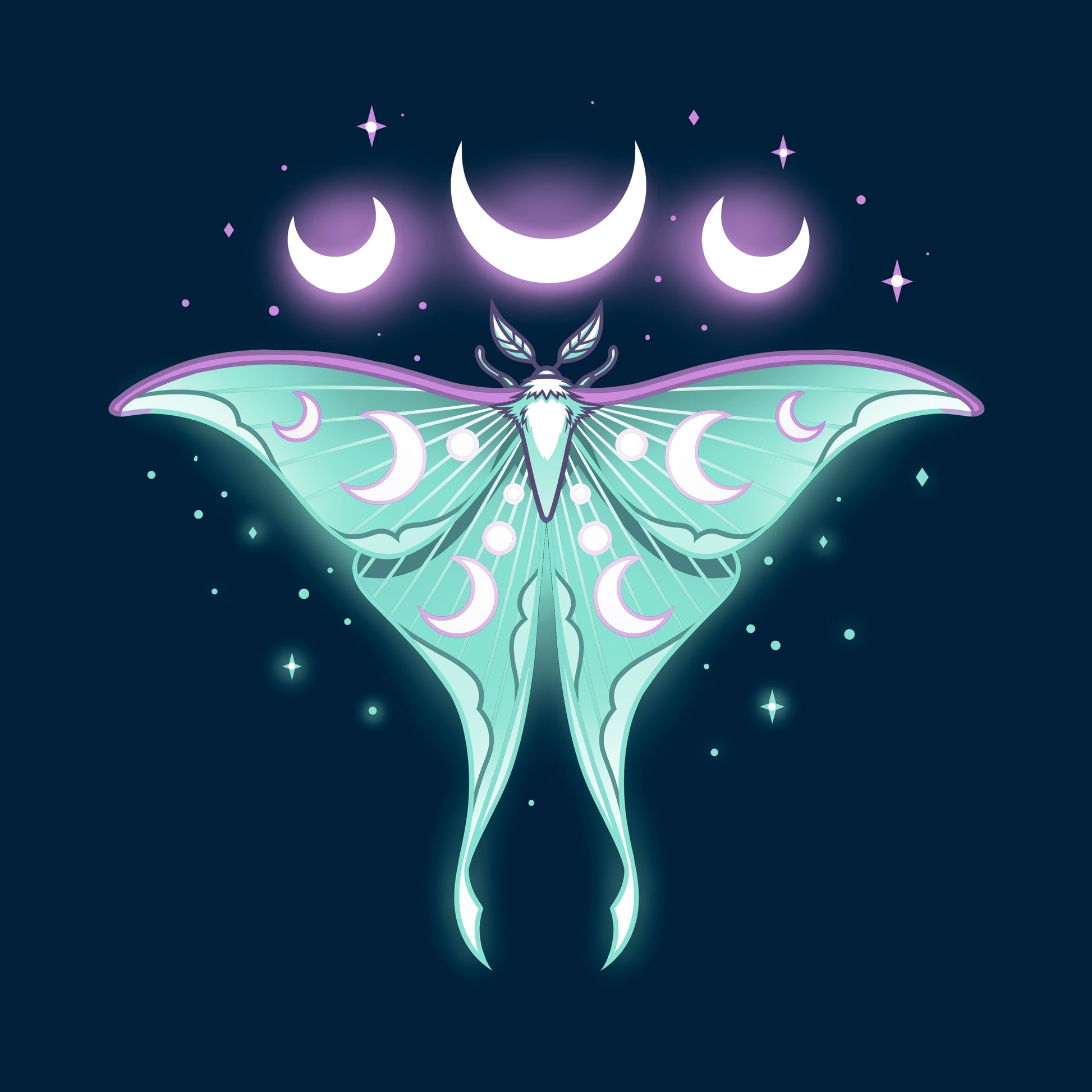 Classic Cotton T-shirt_TeeTurtle Ethereal Moth navy blue t-shirt featuring a celestial moth with moon phases on its wings, glowing against a dark background, surrounded by stars and crescent moons.