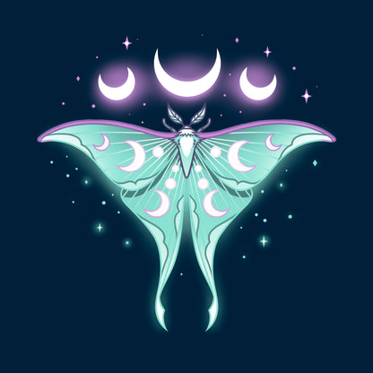 Classic Cotton T-shirt_TeeTurtle Ethereal Moth navy blue t-shirt featuring a celestial moth with moon phases on its wings, glowing against a dark background, surrounded by stars and crescent moons.