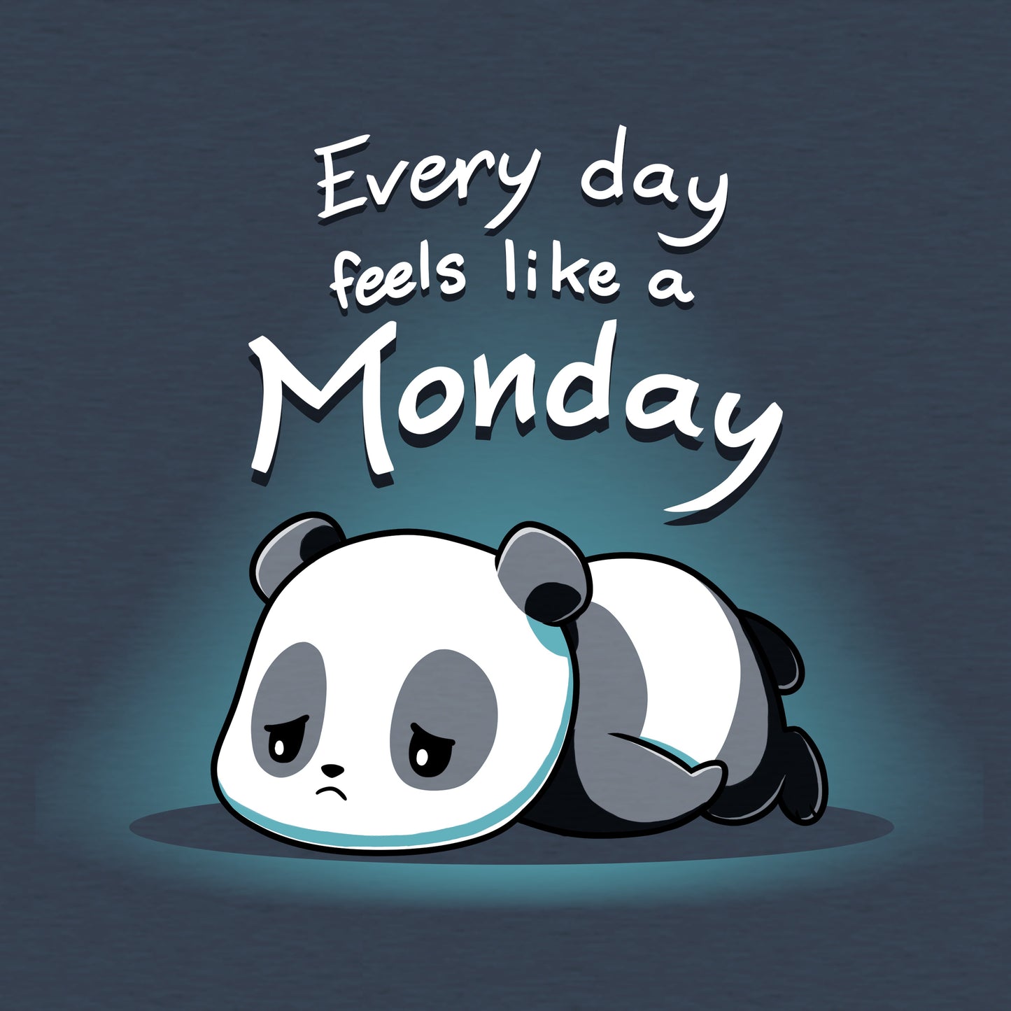 Classic Cotton T-shirt_Teeturtle Every Day Feels Like a Monday Heather Navy Featuring a sad cartoon panda flopped on the floor with eyes downcast with the words 'Every day feels like a Monday' above it.