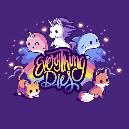 Classic Cotton T-shirt_TeeTurtle Everything Dies purple t-shirt featuring animals and mythical creatures with the text "Everything Dies".