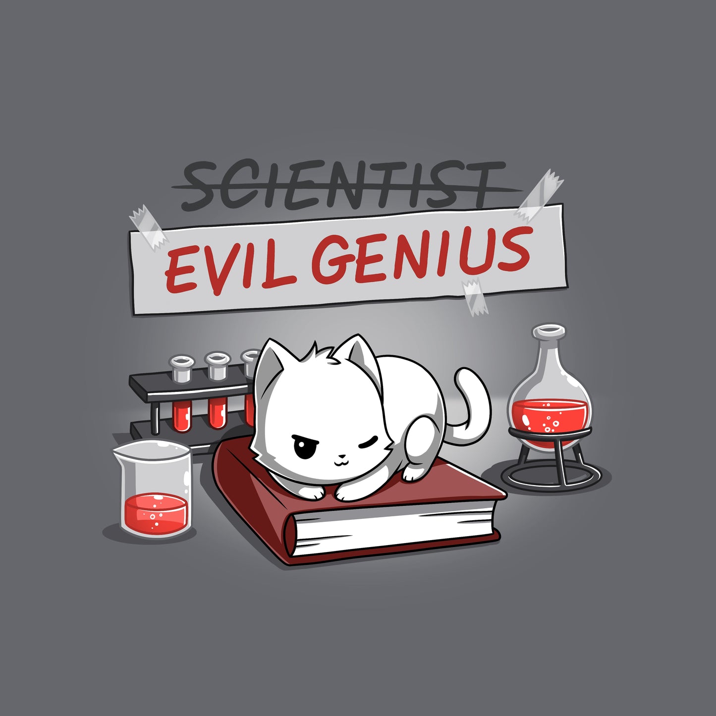 Classic Cotton T-shirt_TeeTurtle Evil Genius charcoal gray t-shirt featuring a white cat with a sly expression sitting on a book, surrounded by science equipment and red liquid in beakers. Above, a sign is crossed out that reads "SCIENTIST" with "EVIL GENIUS" written beneath it in red. 