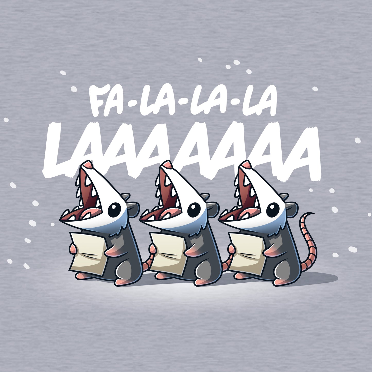 Pullover Hoodie_TeeTurtle heather gray Fa La-La-La LAAAAAAA apparel featuring three opossums holding sheets of paper singing Fa La-La-La LAAAAAAA.