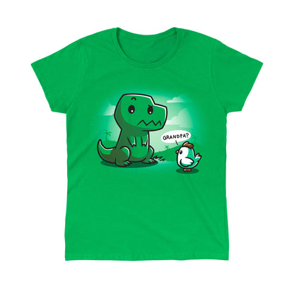 Classic Cotton T-shirt_Teeturtle Family Reunion Irish green t-shirt   featuring a cartoon dinosaur with a puzzled expression sitting in front of a baby chick asking "Grandpa?" on a green background with faint scenery. 