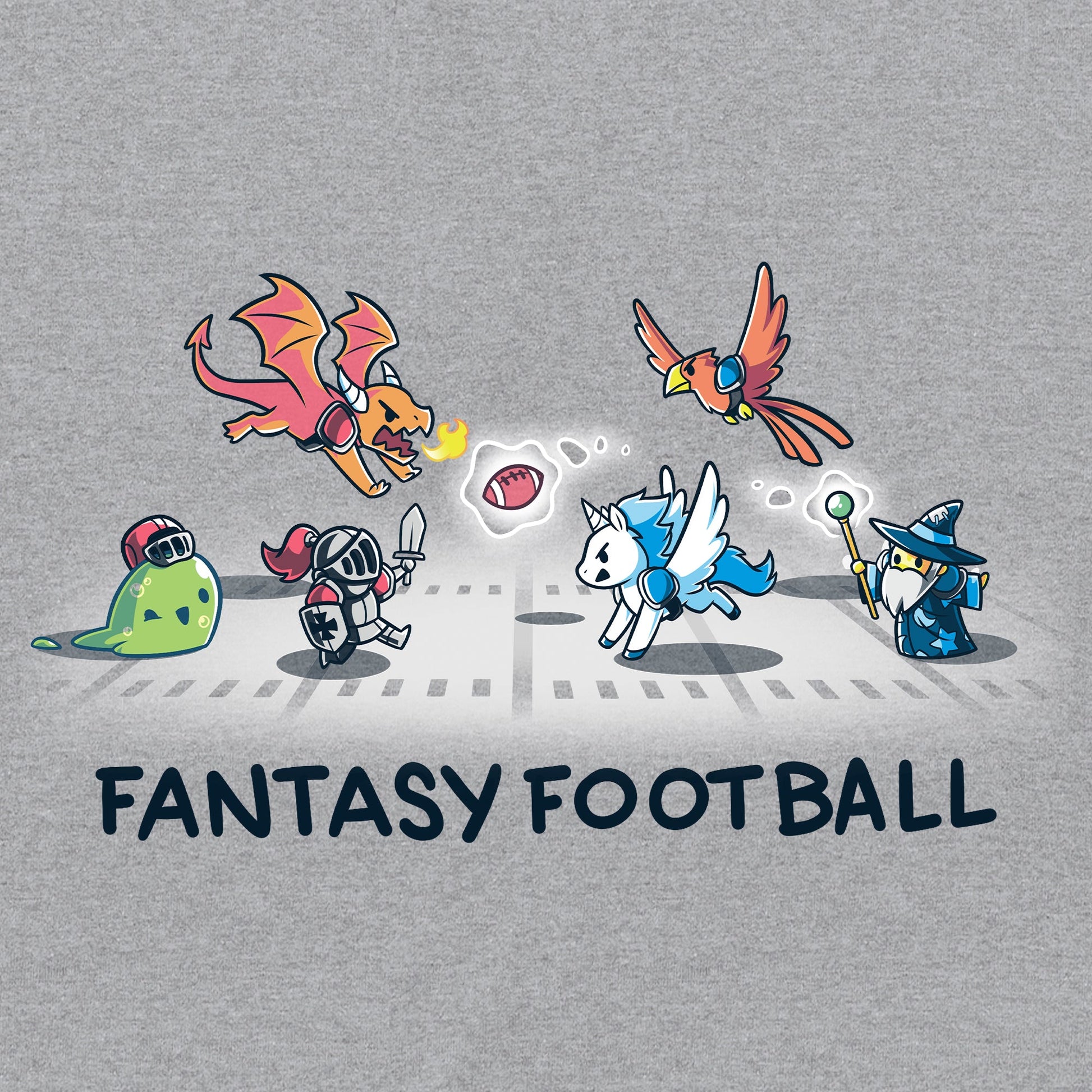 Classic Cotton T-shirt_TeeTurtle Fantasy Football Heather Gray t-shirt featuring an illustration of fantasy creatures, including a dragon, knight, unicorn, bird, and wizard, playing football with the text "Fantasy Football" below them. 