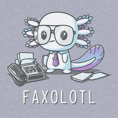 Classic Cotton T-shirt_TeeTurtle Faxolotl heather gray t-shirt featuring an office worker axolotl wearing glasses standing next to a fax machine with a pun underneath.