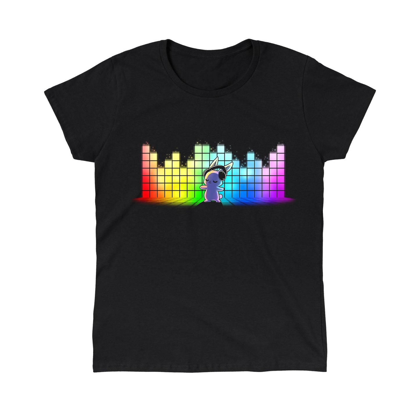 Classic Cotton T-shirt_TeeTurtle black Feel the Music featuring a bunny with a headset dancing with a rainbow equalizer bar in the background.