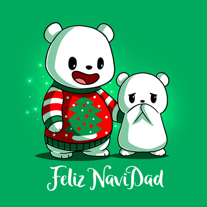 Classic Cotton T-shirt_TeeTurtle Feliz NaviDAD irish green t-shirt featuring two polar bears standing together with a holiday pun underneath, one a dad in a Christmas sweater and the other an embarrassed cub.