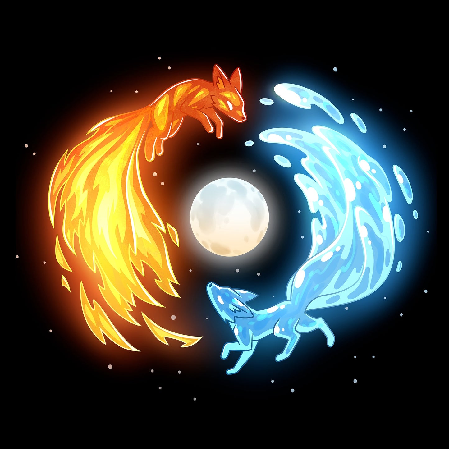 Long Sleeve T-shirt_TeeTurtle black Fire and Water Kitsune Long Sleeve T-shirt featuring fire and water kitsunes running in a circle around a full moon.