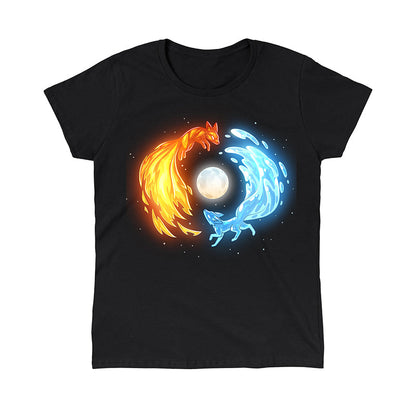 Classic Cotton T-shirt_TeeTurtle black Fire and Water Kitsune Classic Cotton T-shirt featuring fire and water kitsunes running in a circle around a full moon.