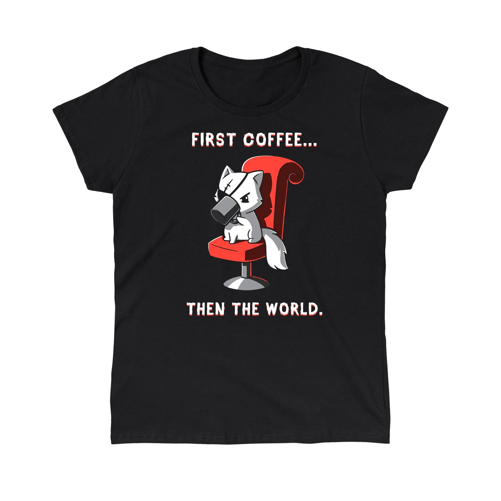 Classic Cotton T-shirt_TeeTurtle black First Coffee... Then the World. Featuring a white cat with an eyepatch drinking coffee on a red chair, saying, "First Coffee... Then the World".