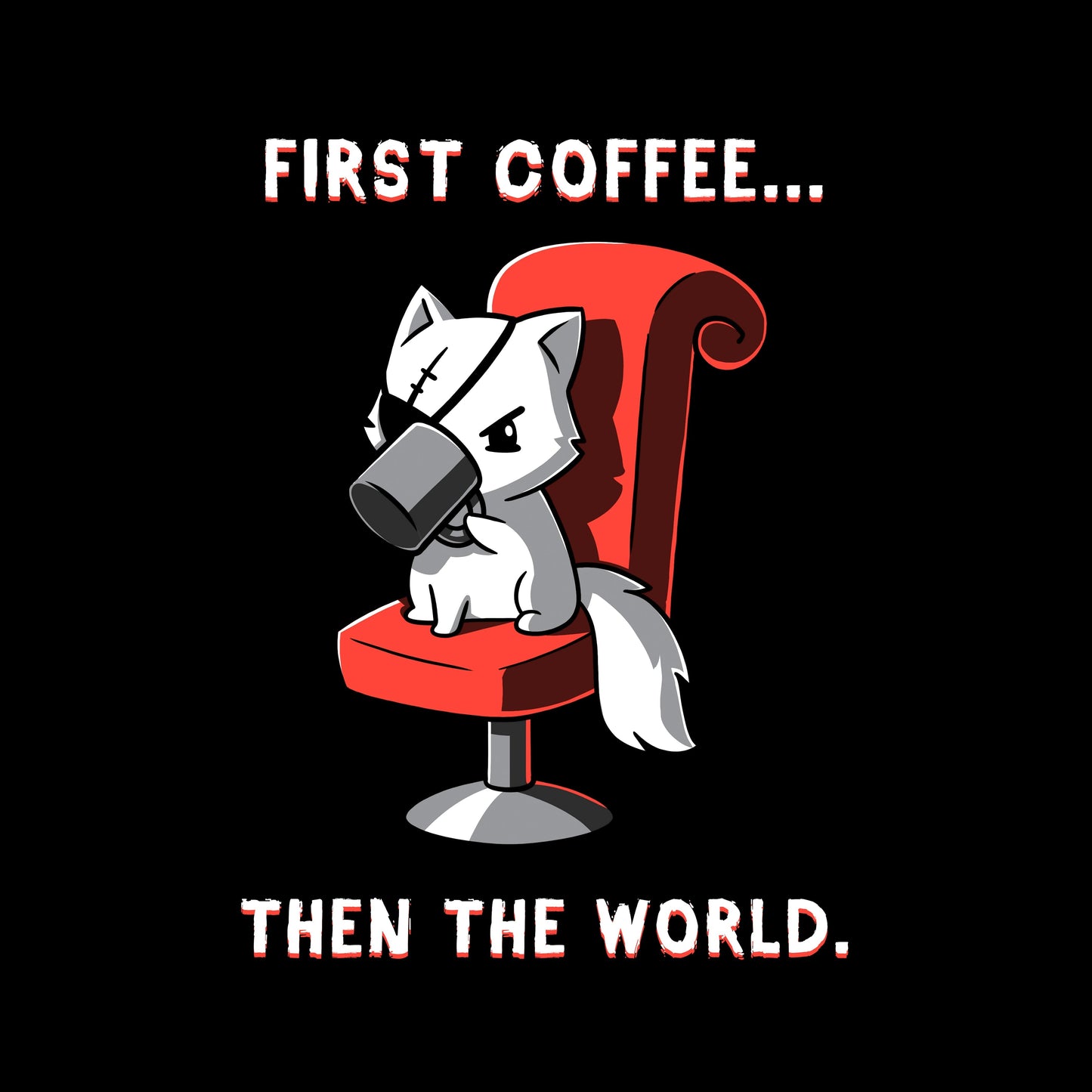 Crew Neck Sweatshirt_TeeTurtle black First Coffee... Then the World. Featuring a white cat with an eyepatch drinking coffee on a red chair, saying, "First Coffee... Then the World".