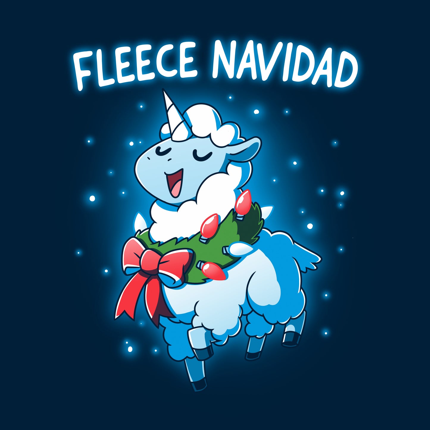 Classic Cotton T-shirt_TeeTurtle Fleece Navidad navy t-shirt featuring a sheep decorated with Christmas lights and a wreath, with the text "Fleece Navidad" above it.