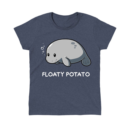 Classic Cotton T-shirt_Teeturtle Floaty Potato heather navy t-shirt featuring an adorable manatee floating above the words 'Floaty Potato.'