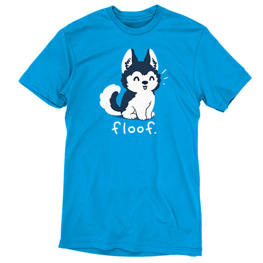 Premium Cotton T-shirt_TeeTurtle Floof cobalt blue t-shirt featuring a fluffy husky with its tongue hanging out posed over the word 'Floof'.