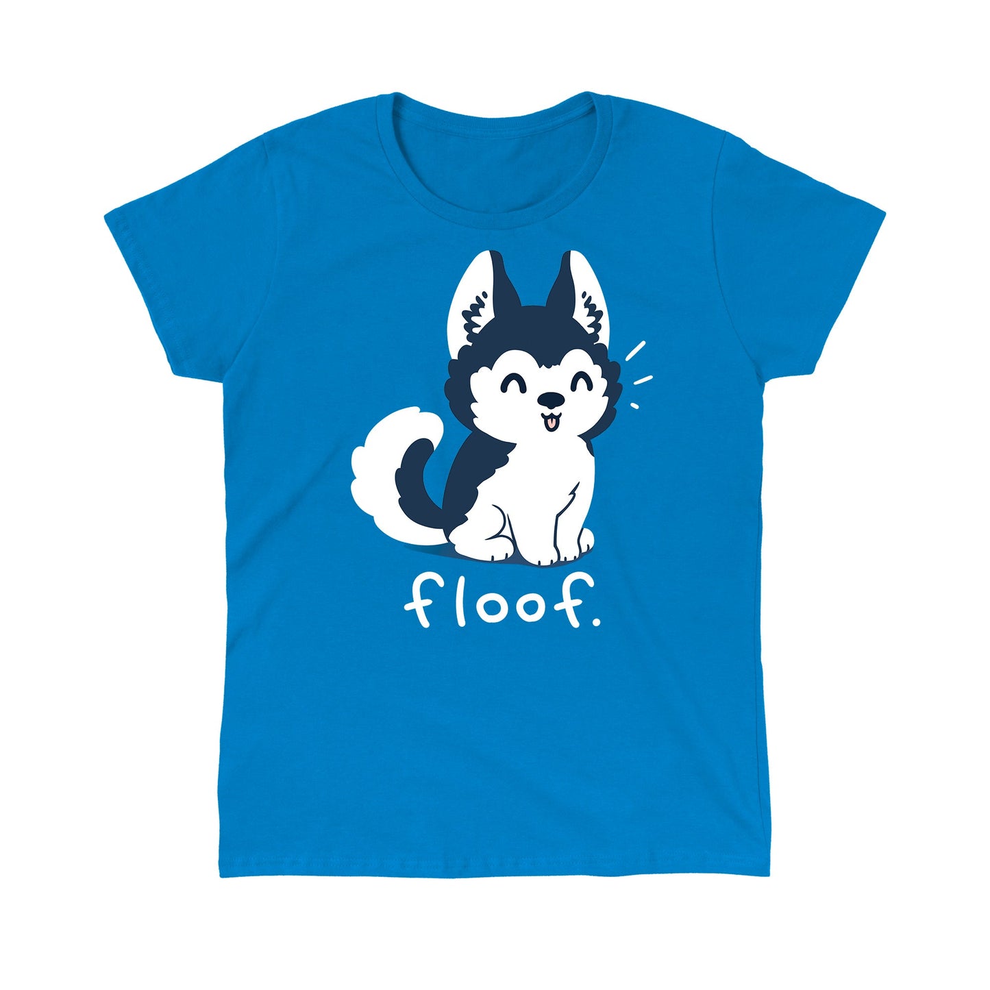 Classic Cotton T-shirt_TeeTurtle Floof sapphire blue t-shirt featuring a fluffy husky with its tongue hanging out posed over the word 'Floof'.