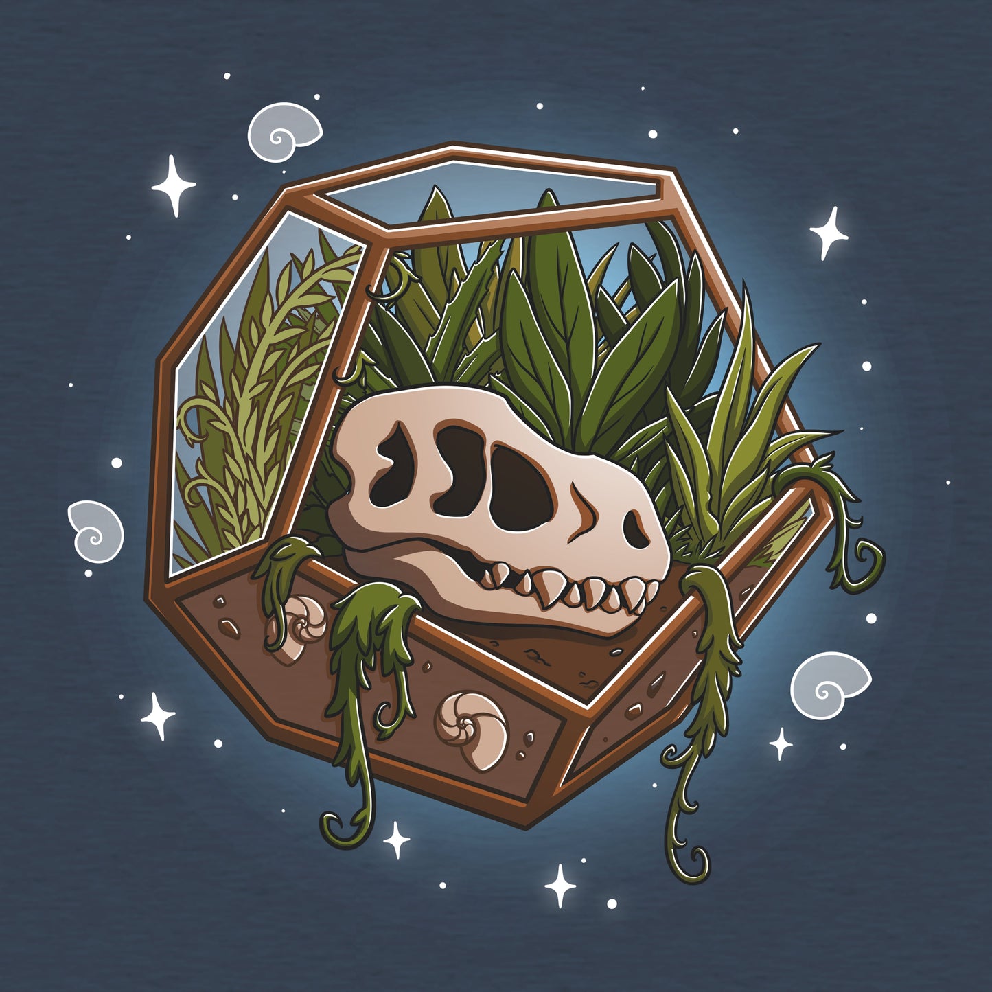 Classic Cotton T-shirt_TeeTurtle Flora Fossils heather navy t-shirt featuring an illustration of a skull in a hexagonal glass terrarium with various plants growing inside, surrounded by small stars and swirls.