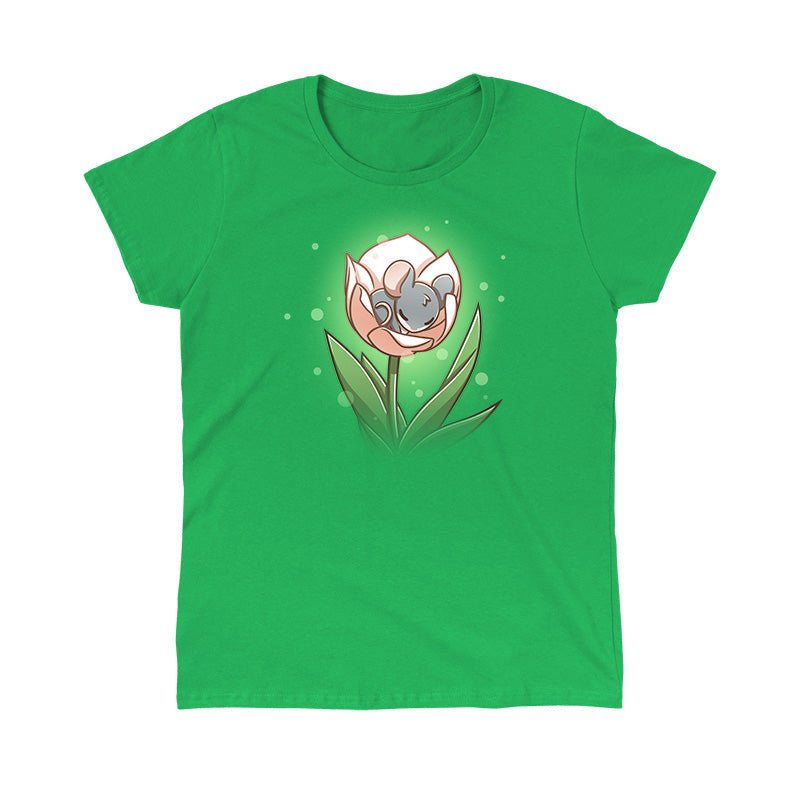 Classic Cotton T-shirt_TeeTurtle Flower Bed Illustration of a small, gray mouse sleeping inside a pink flower blossom against an apple green background with light bubbles