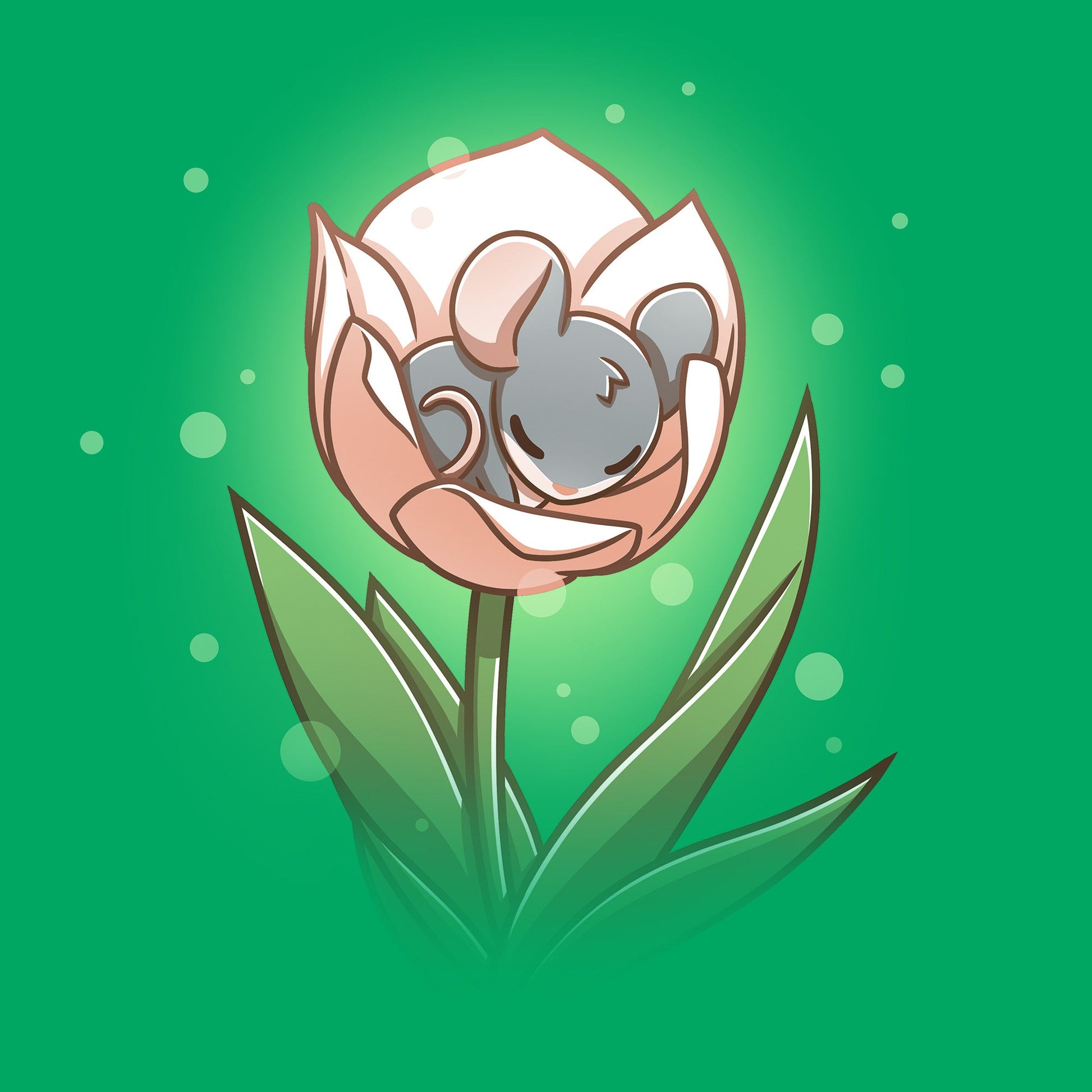 Classic Cotton T-shirt_TeeTurtle Flower Bed Illustration of a small, gray mouse sleeping inside a pink flower blossom against an apple green background with light bubbles