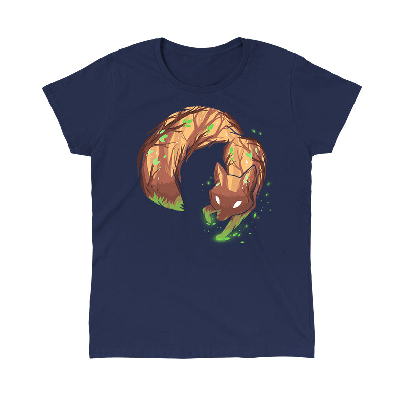 Classic Cotton T-shirt_Illustrated fox with tree bark texture and green leaves on its body, bending in a circular shape against a dark background with glowing green particles on a super soft ringspun cotton Forest Fox apparel by monsterdigital.