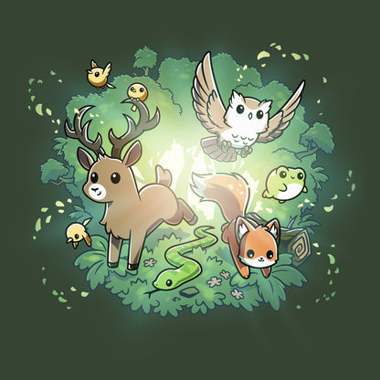 Classic Cotton T-shirt_TeeTurtle forest green Forest Harmony apparel featuring a fox, snake, owl, deer, frog, bird, and other forest animals emerging out of a forest in the background.