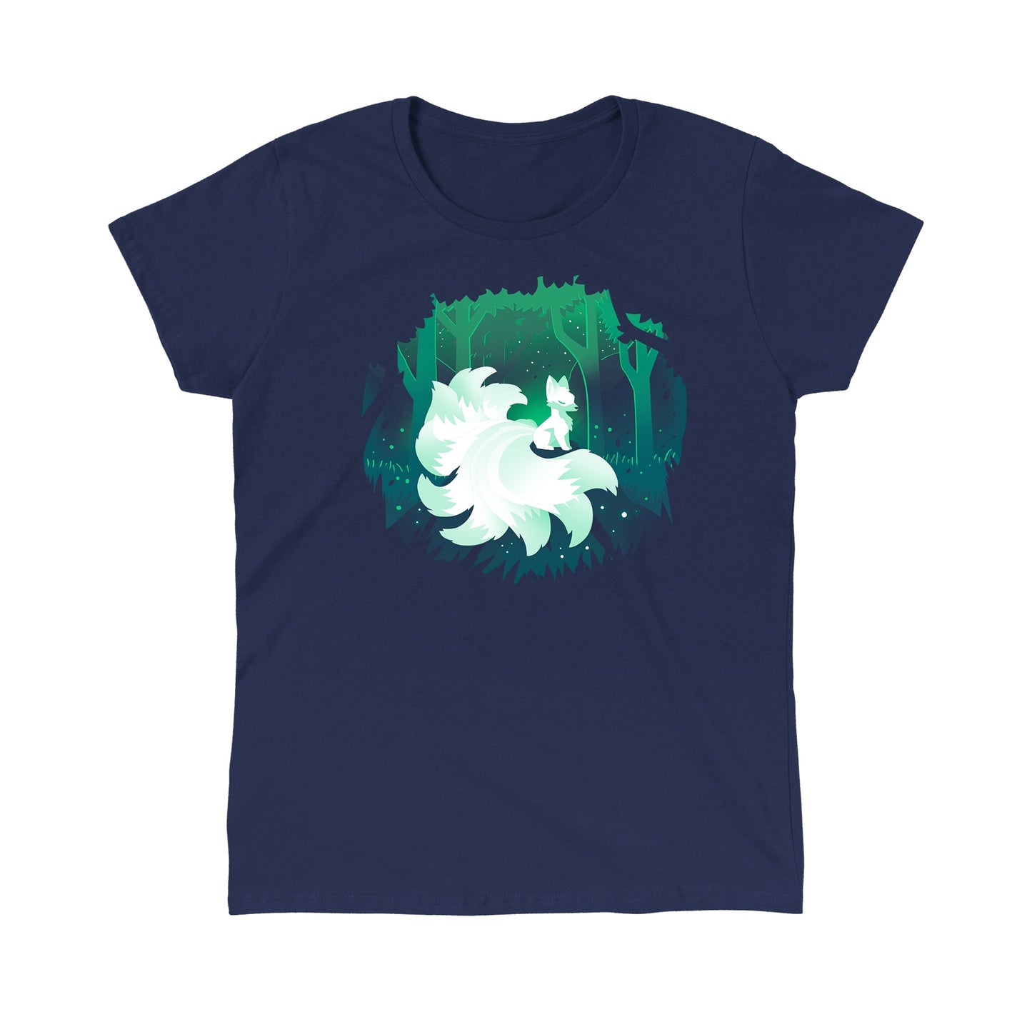 Classic Cotton T-shirt_TeeTurtle Forest Kitsune navy blue t-shirt featuring a glowing kitsune sitting on rock in nature.