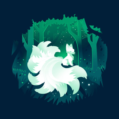 Classic Cotton T-shirt_TeeTurtle Forest Kitsune navy blue t-shirt featuring a glowing kitsune sitting on rock in nature.