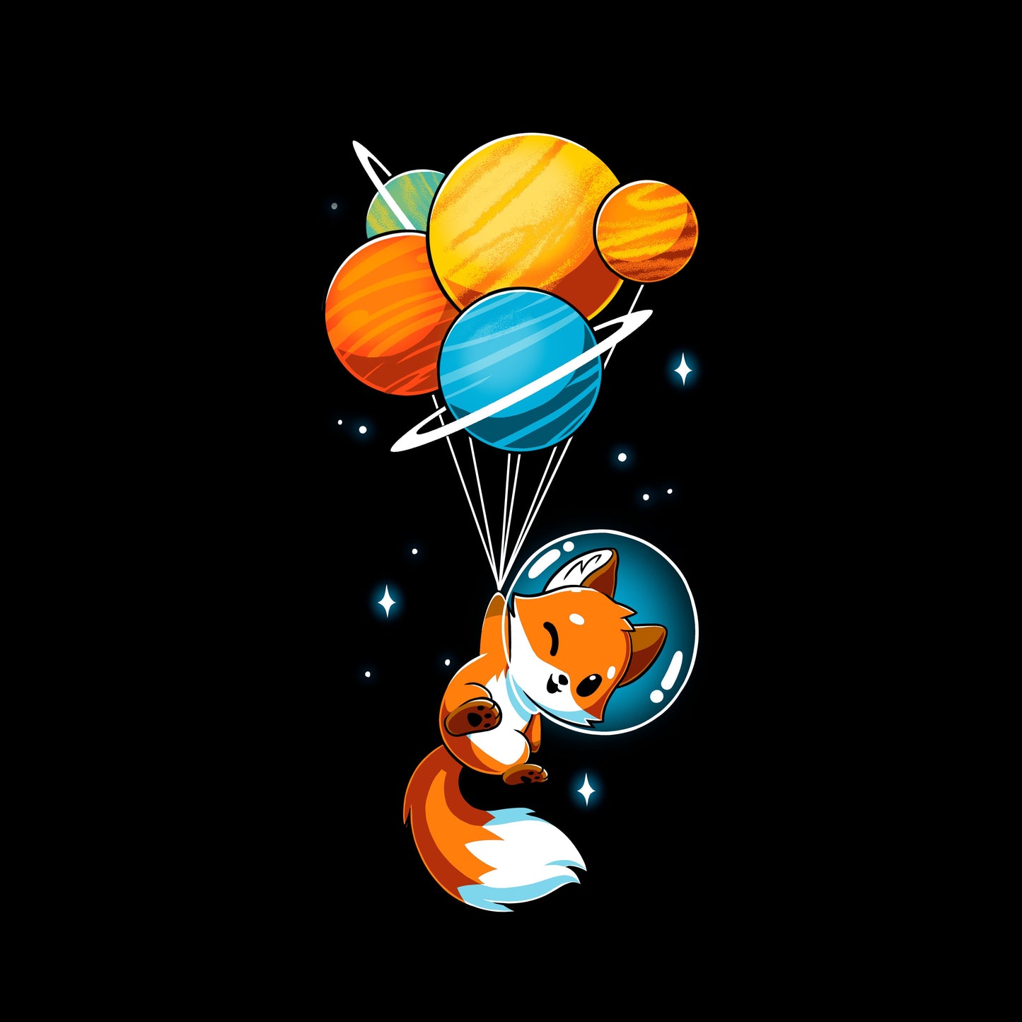 Classic Cotton T-shirt_A cartoon Foxy Astronaut in a space helmet is being lifted by balloons shaped like planets against a dark background. This whimsical design is printed on a super soft ringspun cotton Unisex Tee, perfect for space lovers of all ages. The Foxy Astronaut Unisex apparelby monsterdigital is sure to delight fans everywhere.