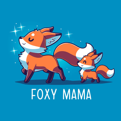 Classic Cotton T-shirt_TeeTurtle Foxy Mama sapphire blue t-shirt featuring a proud, smiling fox walking ahead with a smaller fox following.