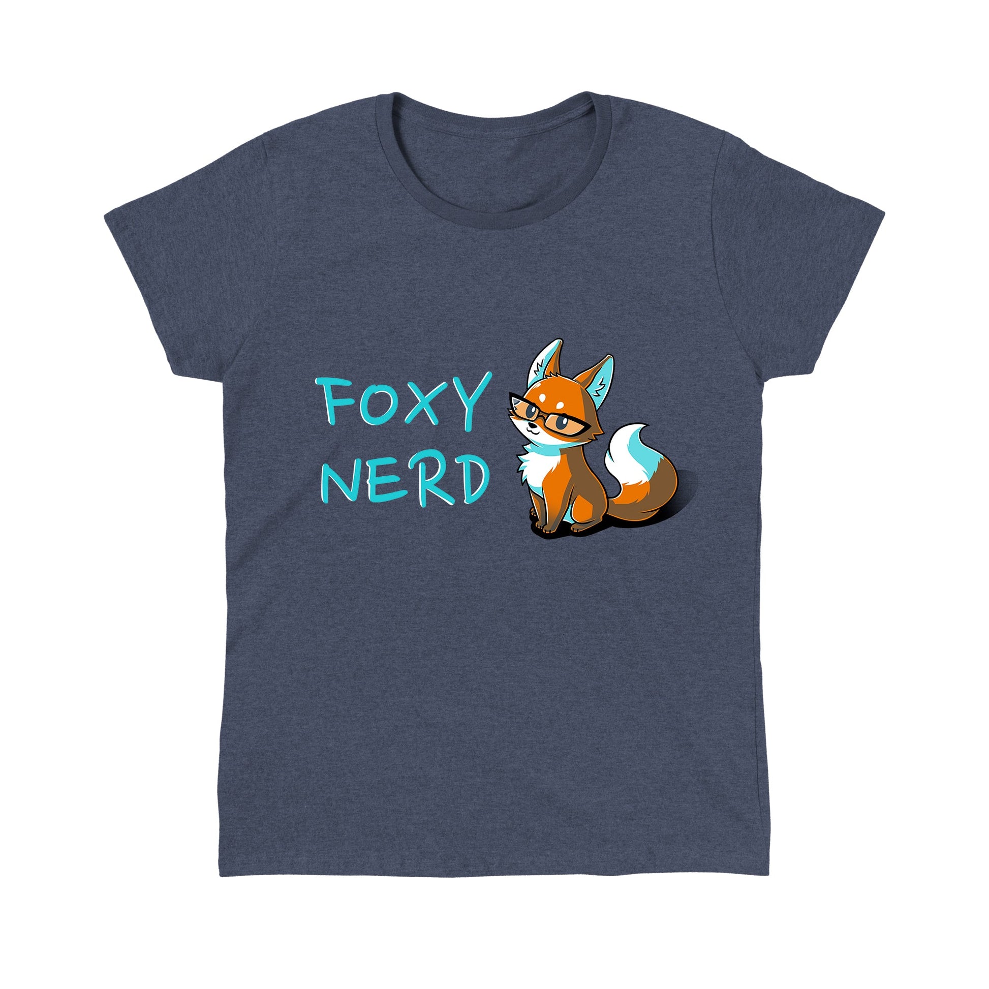 Classic Cotton T-shirt_Teeturtle Foxy Nerd heather navy t-shirt featuring a fox with glasses sitting next to the text "FOXY NERD."