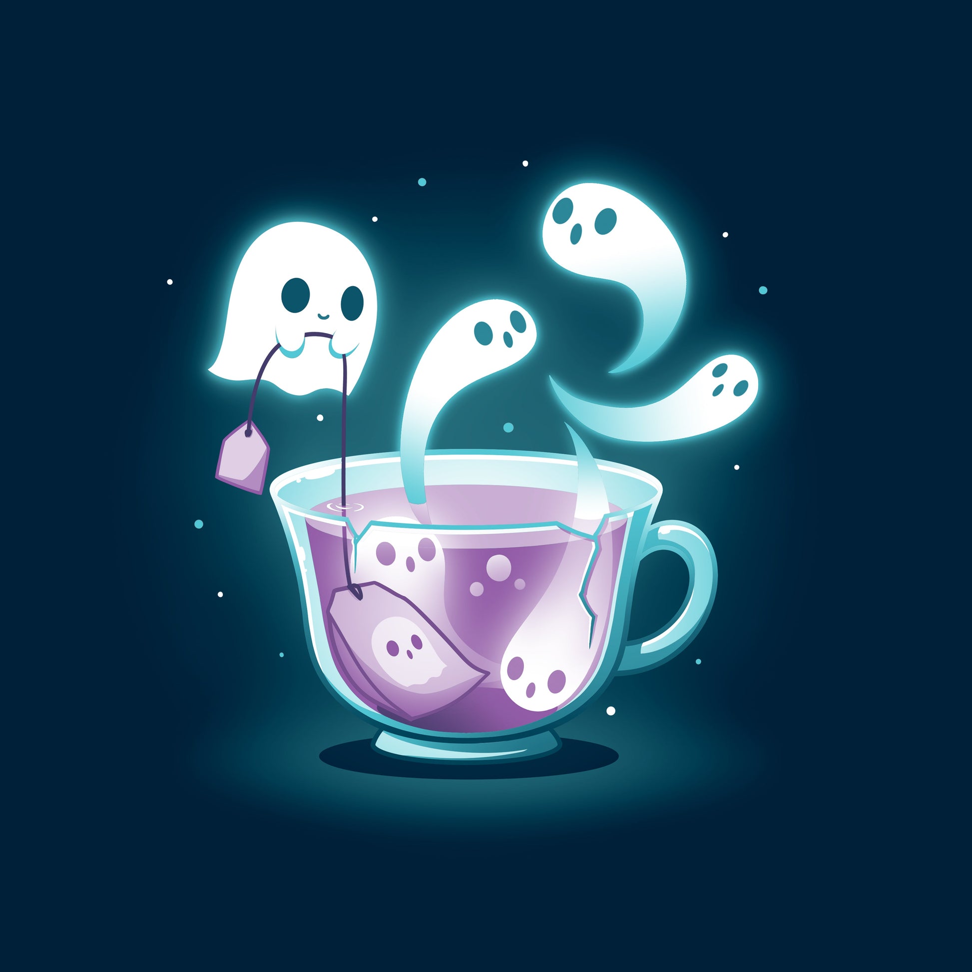 Crew Neck Sweatshirt_TeeTurtle Fresh-Booed Tea navy blue design featuring a glowing teacup with ghost-like figures emerging from it and a ghost holding a tea bag.