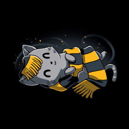 Classic Cotton T-shirt_TeeTurtle Friendly Kitty black blue t-shirt featuring a friendly gray magical kitty on its back wrapped up in a long yellow and black scarf.