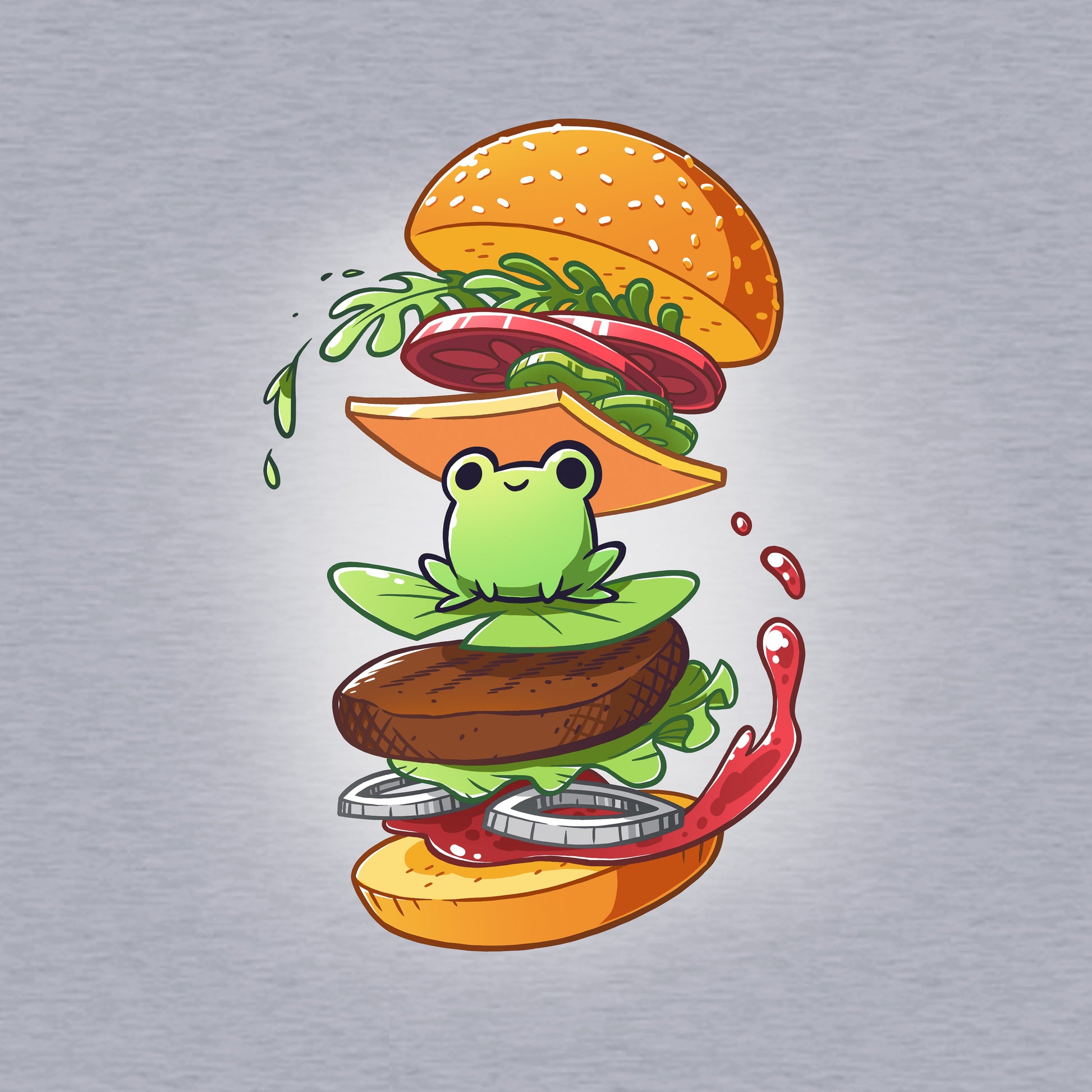 Crew Neck Sweatshirt_TeeTurtle heather gray Frog Burger featuring a frog in the middle of a burger’s floating ingredients.