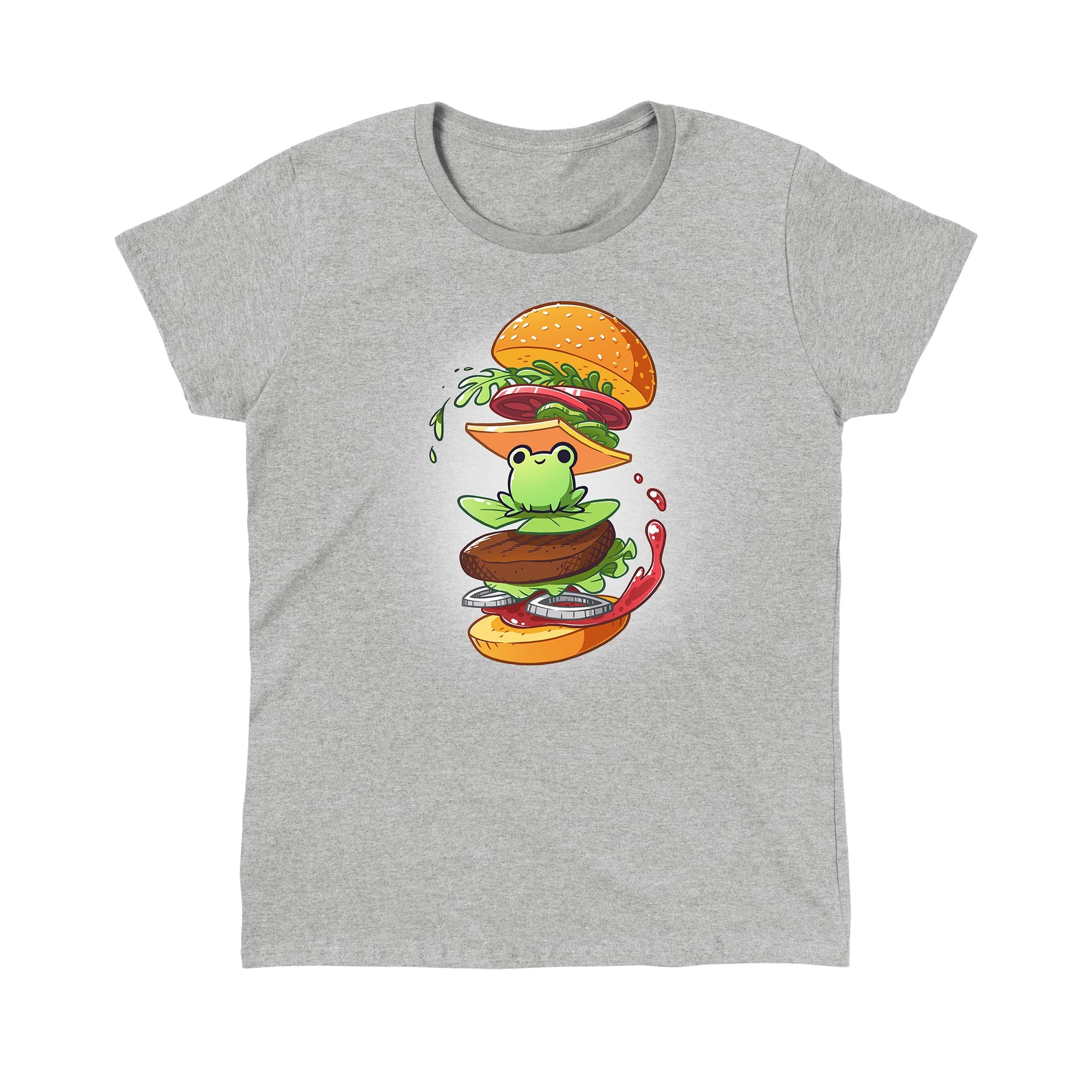 Classic Cotton T-shirt_TeeTurtle heather gray Frog Burger featuring a frog in the middle of a burger’s floating ingredients.