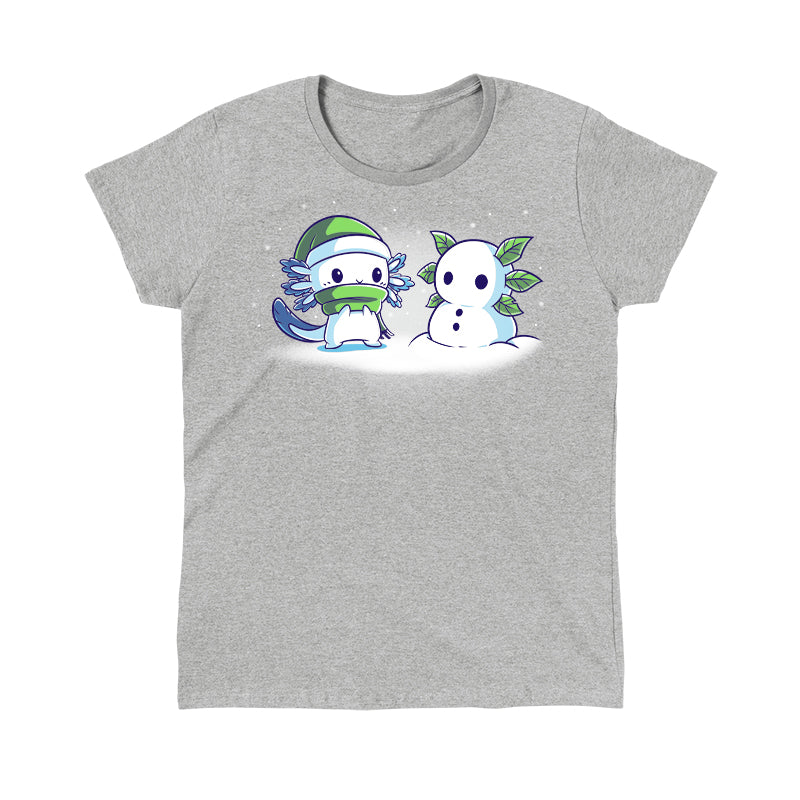 Classic Cotton T-shirt_TeeTurtle Frosty Friend A cute, blue cartoon creature with a green hat and scarf stands next to its Frosty Friend, a snowman with leaf arms, in a snowy setting. 