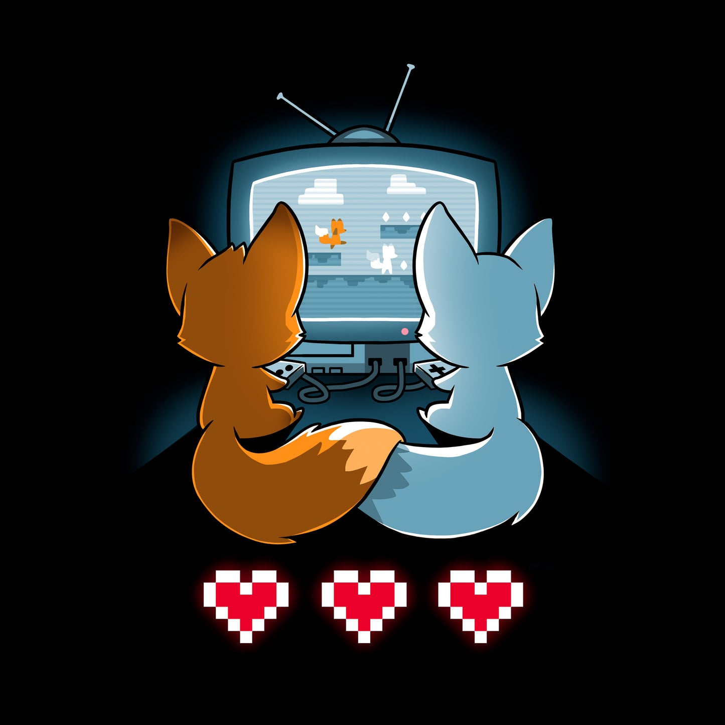 Long Sleeve T-shirt_TeeTurtle Fur the Love of Gaming black t-shirt featuring two foxes playing video games in front of a television.