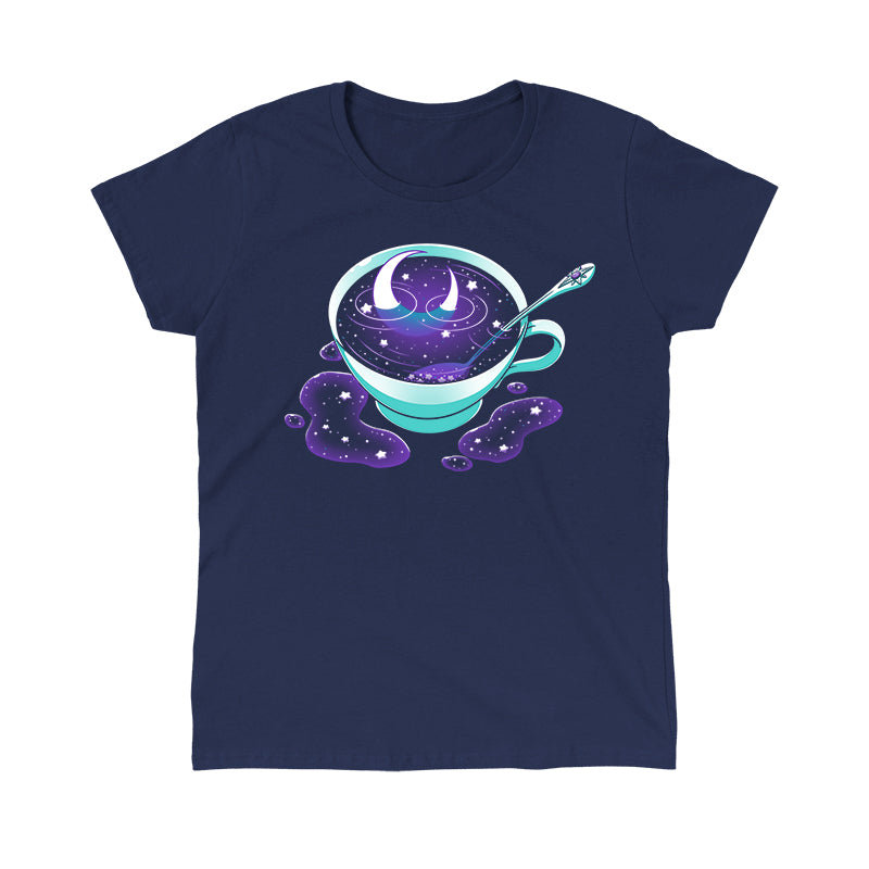 Classic Cotton T-shirt_TeeTurtle Galactic Tea navy blue t-shirt featuring a turquoise cup filled with swirling Galactic Tea.