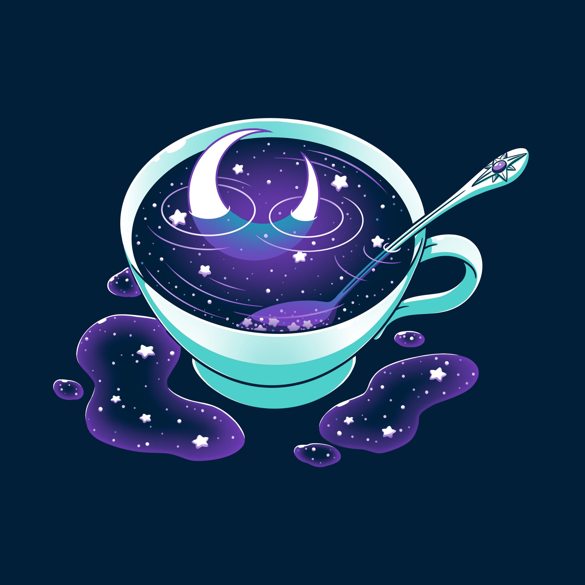 Classic Cotton T-shirt_TeeTurtle Galactic Tea navy blue t-shirt featuring a turquoise cup filled with swirling Galactic Tea.