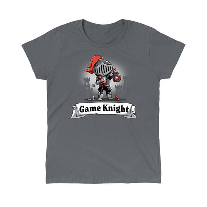 Classic Cotton T-shirt_TeeTurtle Game Knight charcoal gray t-shirt featuring a knight in armor holding a game die and cards.
