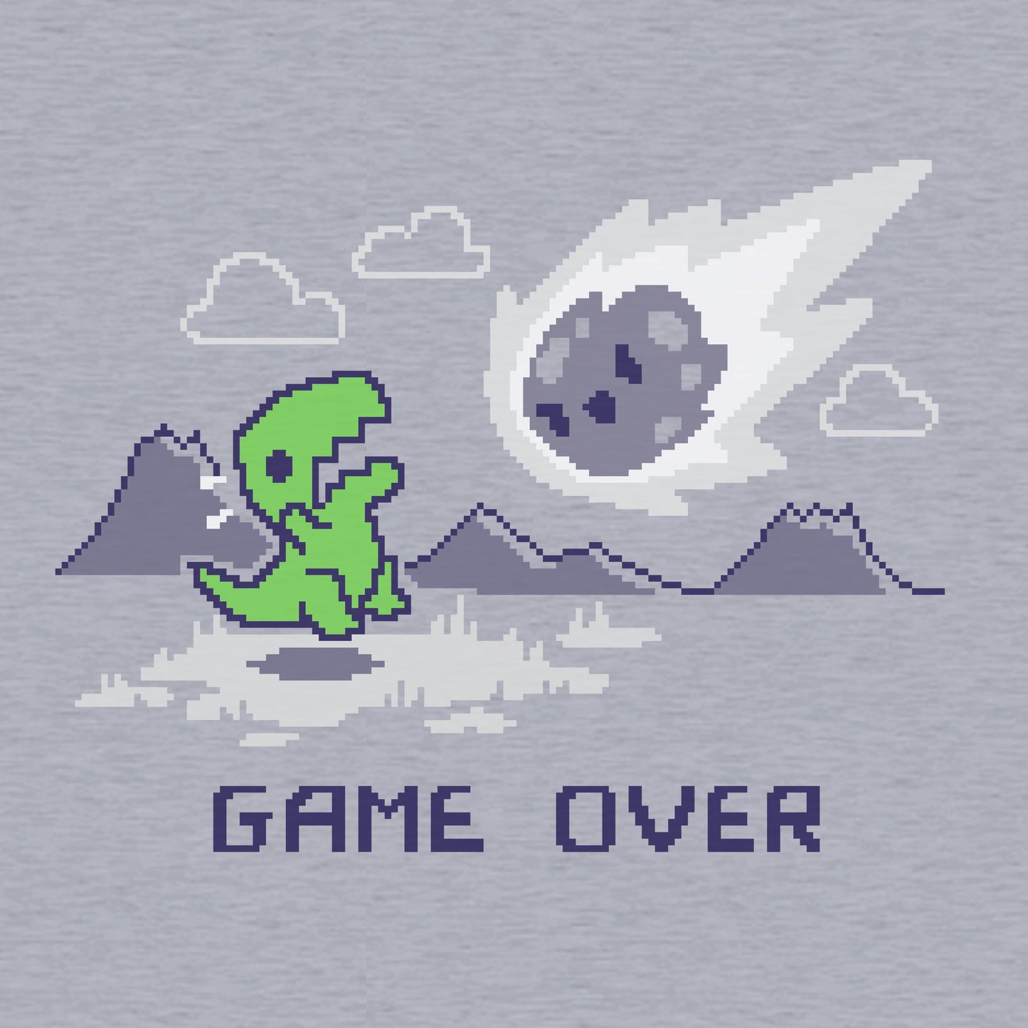 Classic Cotton T-shirt_TeeTurtle Game Over Dinosaur Heather Grey t-shirt featuring Pixel art of a green dinosaur looking at a falling meteor, with mountains in the background