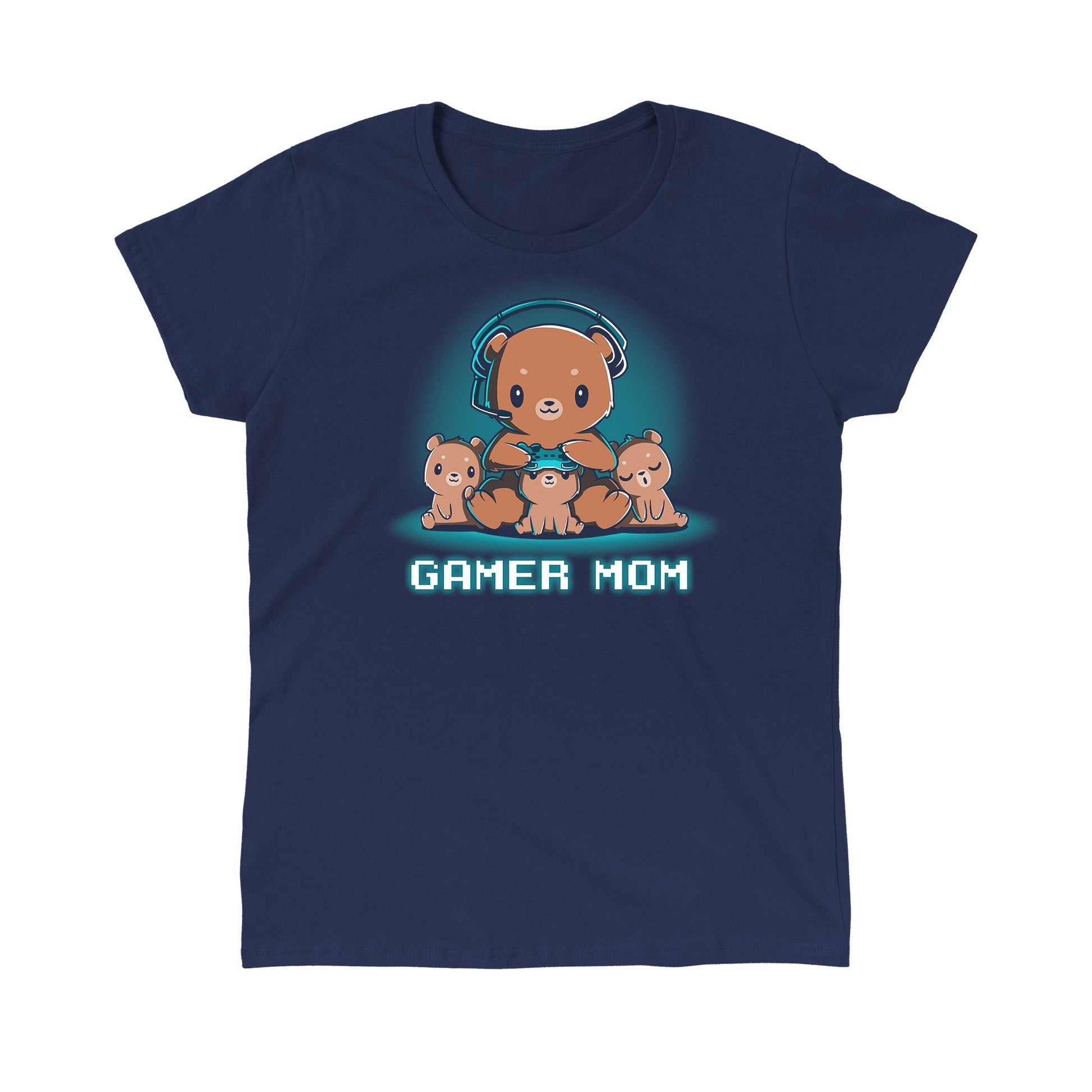 Classic Cotton T-shirt_TeeTurtle Gamer Mom navy blue t-shirt featuring a mama bear playing video games surrounded by her cubs.