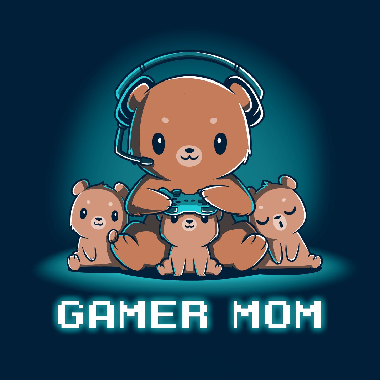 Classic Cotton T-shirt_TeeTurtle Gamer Mom navy blue t-shirt featuring a mama bear playing video games surrounded by her cubs.