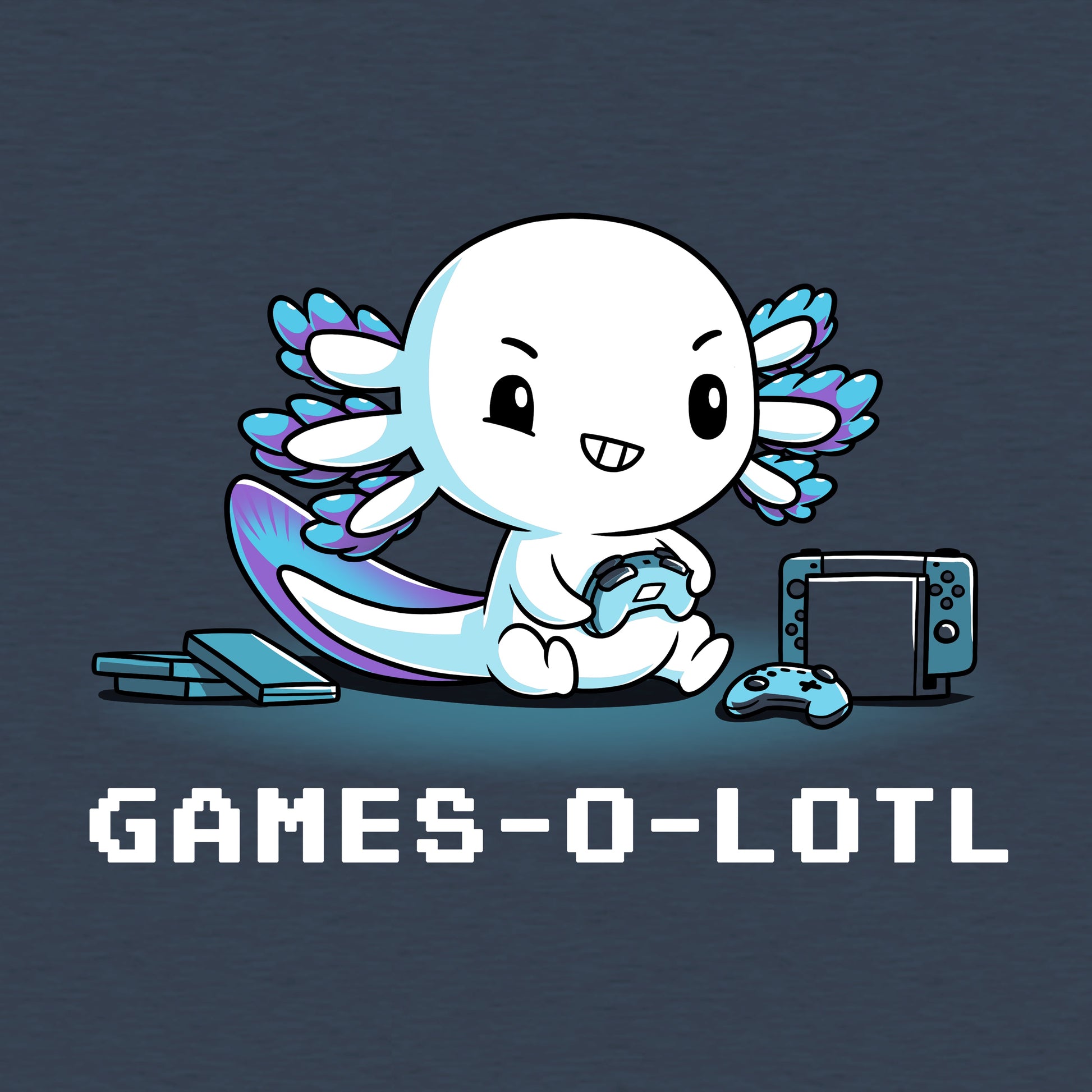 Classic Cotton T-shirt_Teeturtle Games-O-Lotl heather navy blue t-shirt featuring an axolotl playing video games with consoles and controllers around.