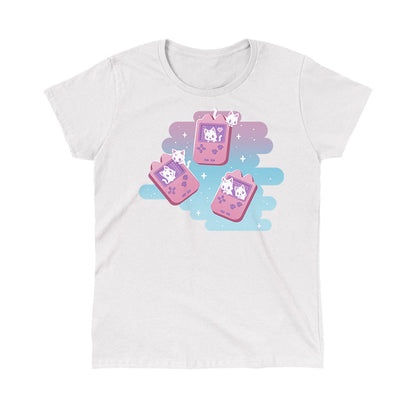 Classic Cotton T-shirt_TeeTurtle white Gaming Kitties t-shirt featuring white kittens inside a set of pink classic handheld video gaming consoles.