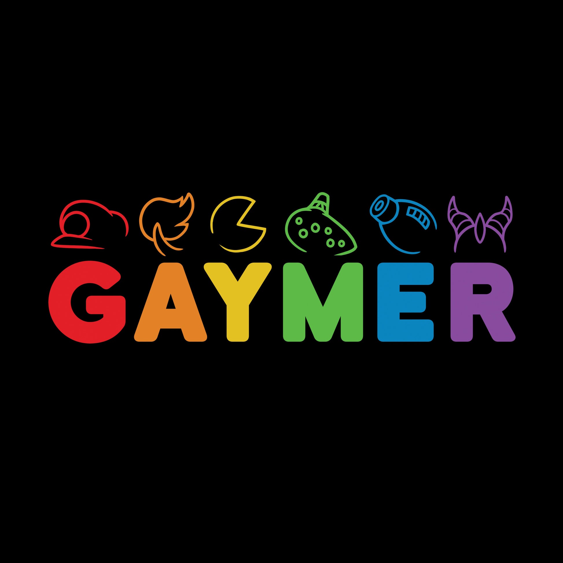 Classic Cotton T-shirt_TeeTurtle black Gaymer. Featuring rainbow text spelling out, "Gaymer" with video game elements on top.