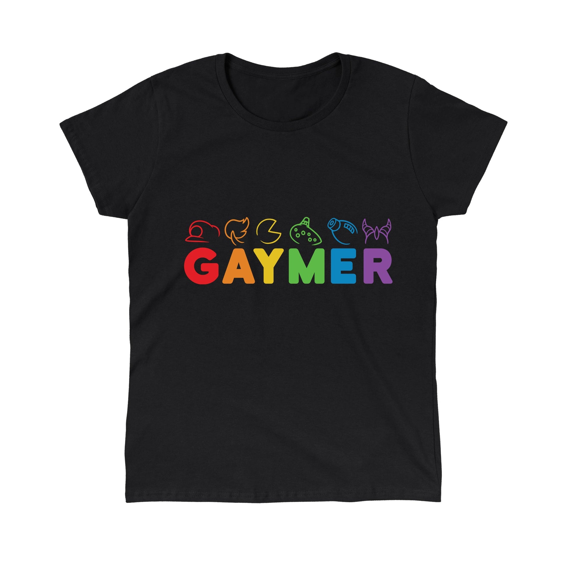 Classic Cotton T-shirt_TeeTurtle black Gaymer. Featuring rainbow text spelling out, "Gaymer" with video game elements on top.