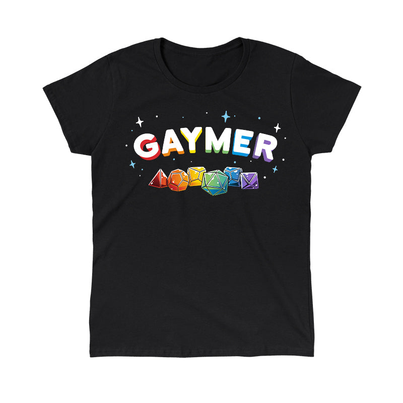 Classic Cotton T-shirt_TeeTurtle Gaymer (Tabletop Gaming) black t-shirt featuring tabletop gaming dice in the colors of the pride rainbow.