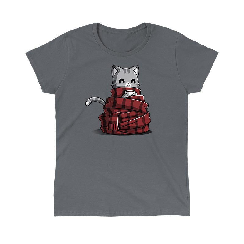 Classic Cotton T-shirt_TeeTurtle Get Cozy charcoal gray t-shirt featuring a smiley cat all wrapped up in a cozy scarf holding a mug.